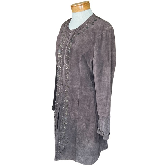 Pamela McCoy Collections Brown Suede Coat With Bronze Beading Trim Large - Picture 16 of 16